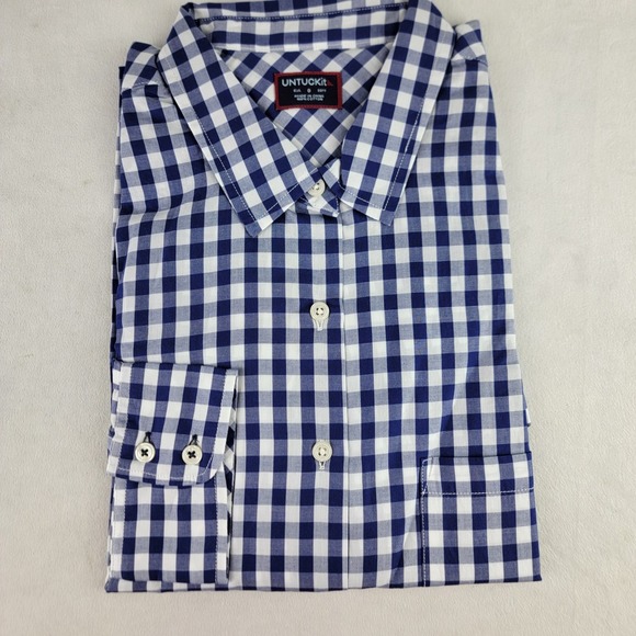 Untuckit Belleza Womens 8 Navy Gingham Check Long Sleeve Button Up Casual NWT - Picture 1 of 6